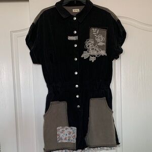 POL Black Short Sleeve Button-Up Romper with Floral Patches